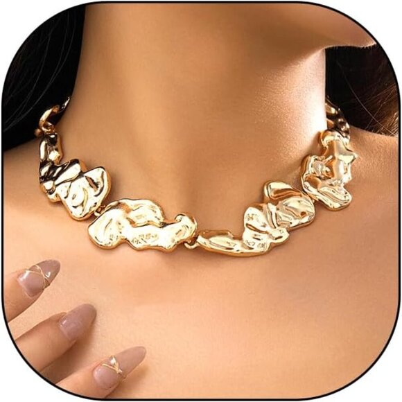 Jewelry - Gold Lava Irregular Geometric Chunky Choker Necklace for Women, Trendy Minimalis